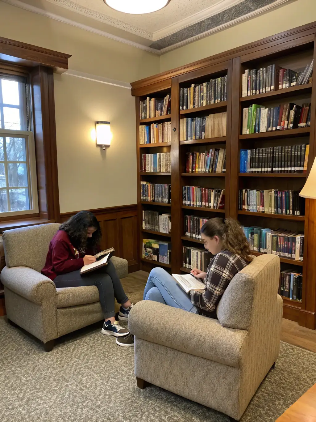 A cozy library space with shelves filled with books and visitors browsing the collection, representing the Lending Library at Espace Culturel Eyraguais.