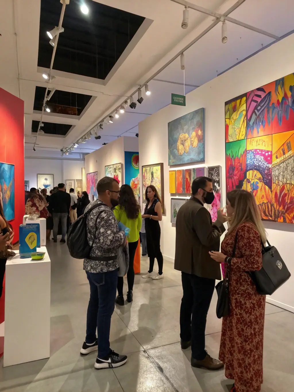 An image of a lively community event with people enjoying an art exhibition or a cultural performance, showcasing the Cultural Programs and Events of Espace Culturel Eyraguais.