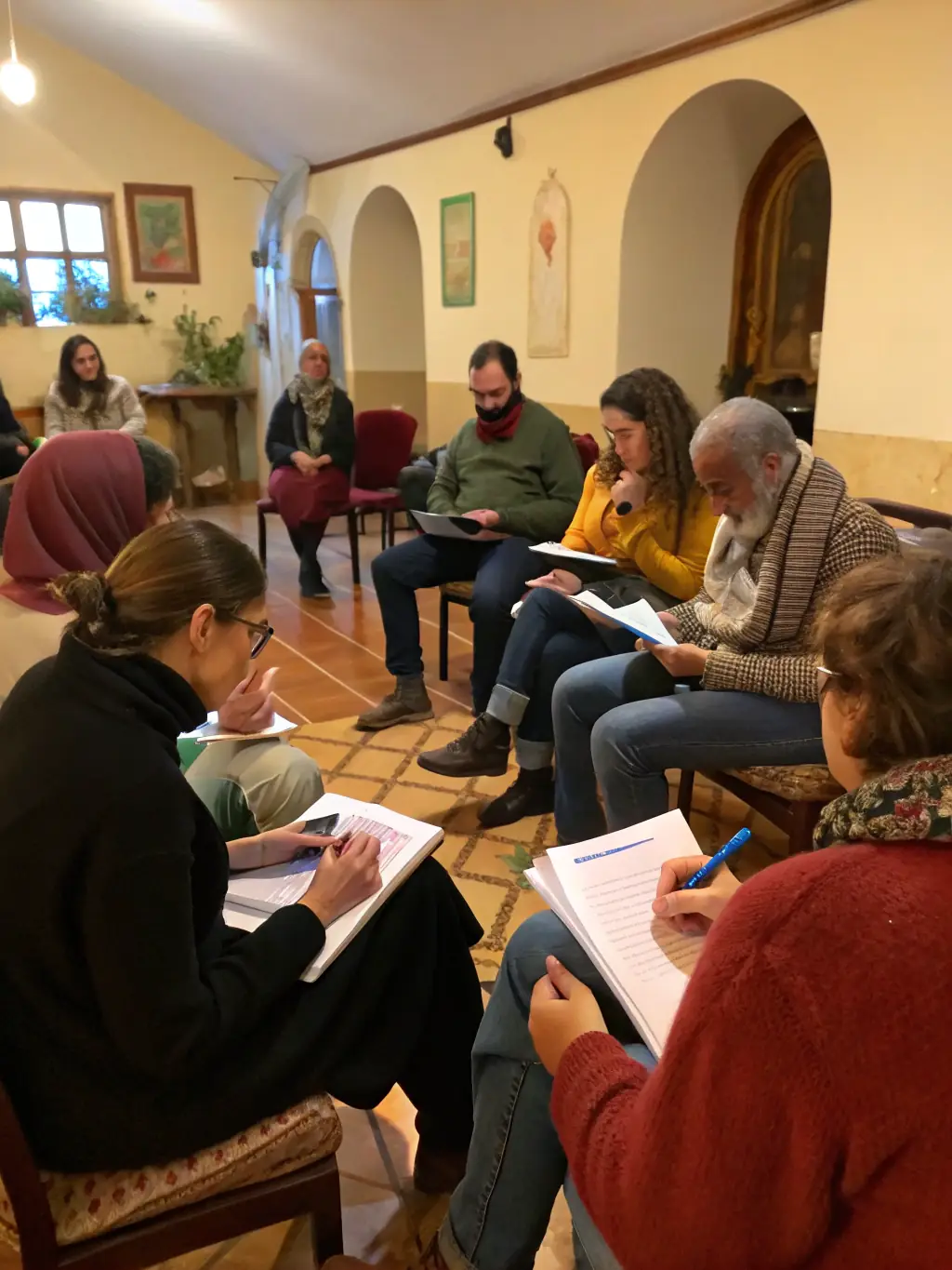 A writer engaged in a community workshop, with participants sharing stories or writing together, illustrating the Volunteer Public Writer Services offered by Espace Culturel Eyraguais.