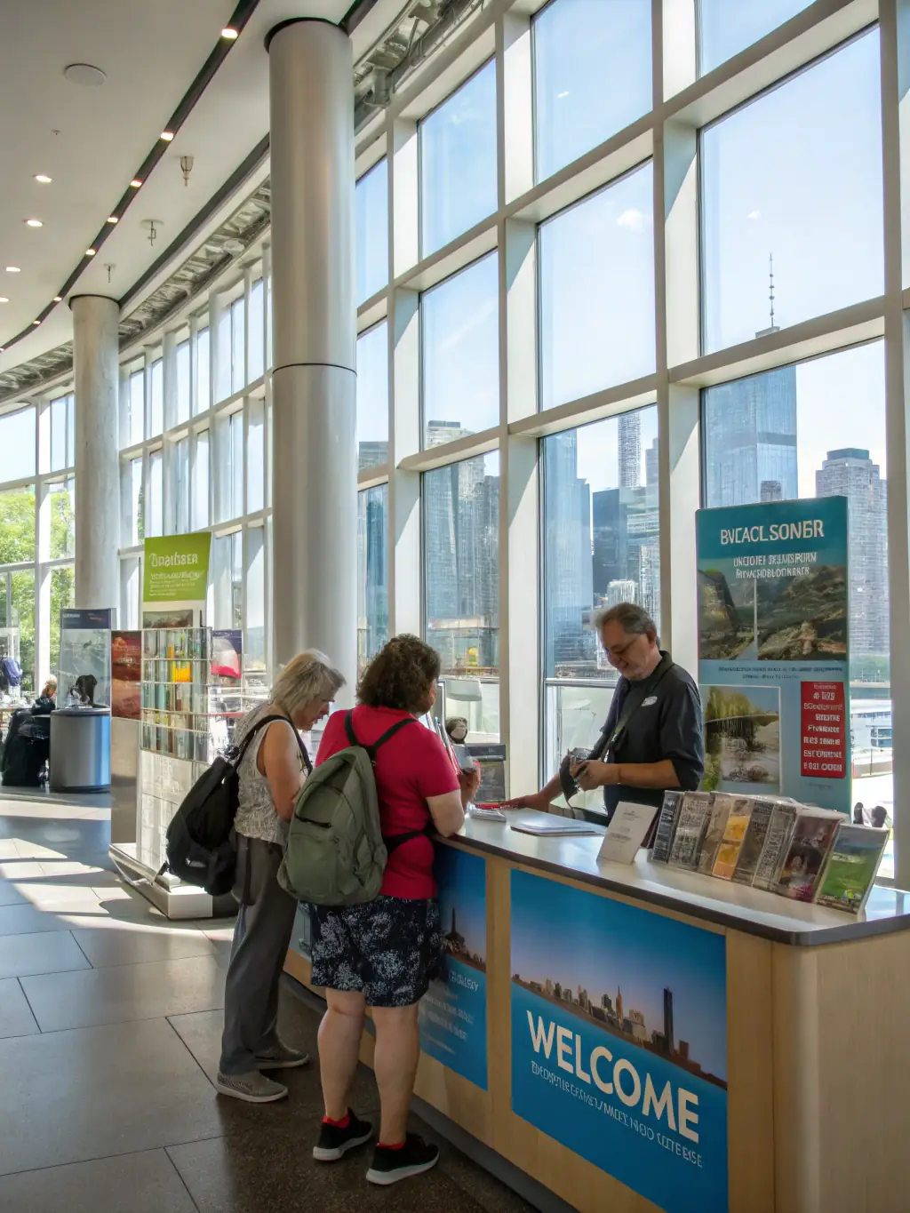 A photograph of the Espace Culturel Eyraguais tourist information center, showing brochures, maps, and friendly staff assisting tourists with their inquiries about Eyragues.