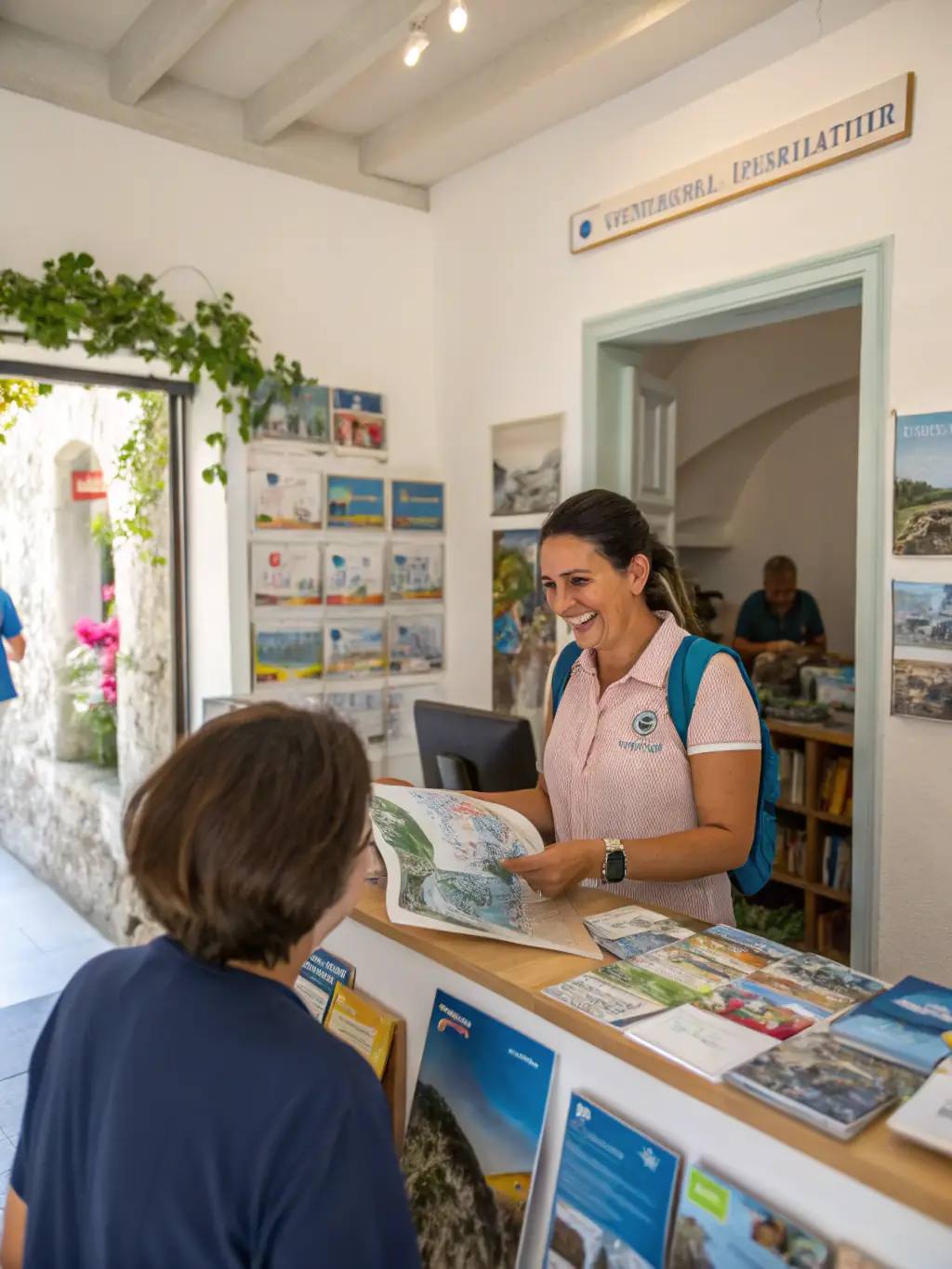 A tourist information desk with maps, brochures, and friendly staff assisting visitors, promoting the Tourist Information and Promotion services of Espace Culturel Eyraguais.